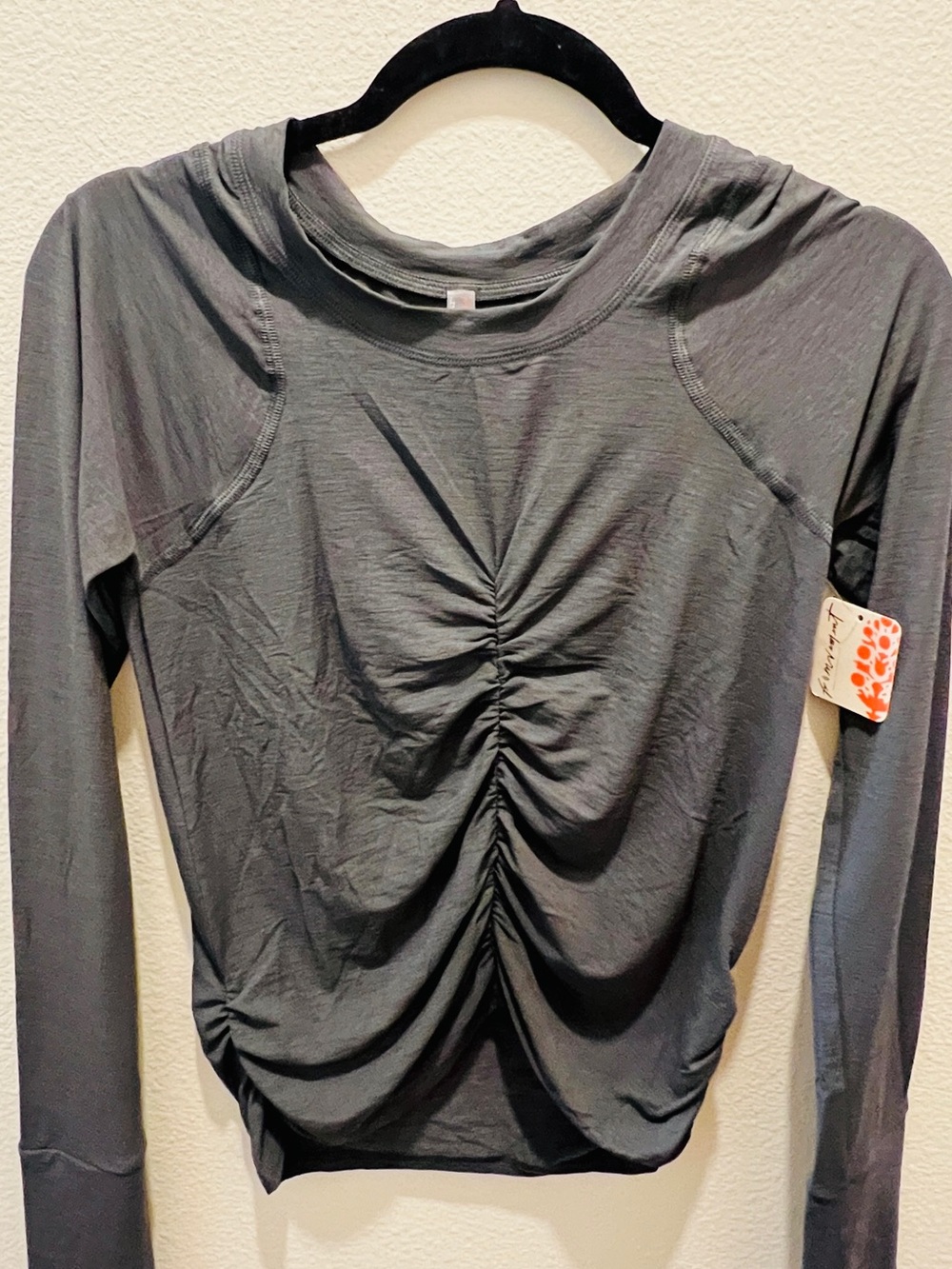 FP Movement by Free People Long Sleeve Tempo Ruched Crop Top in Charcoal Gray•XL